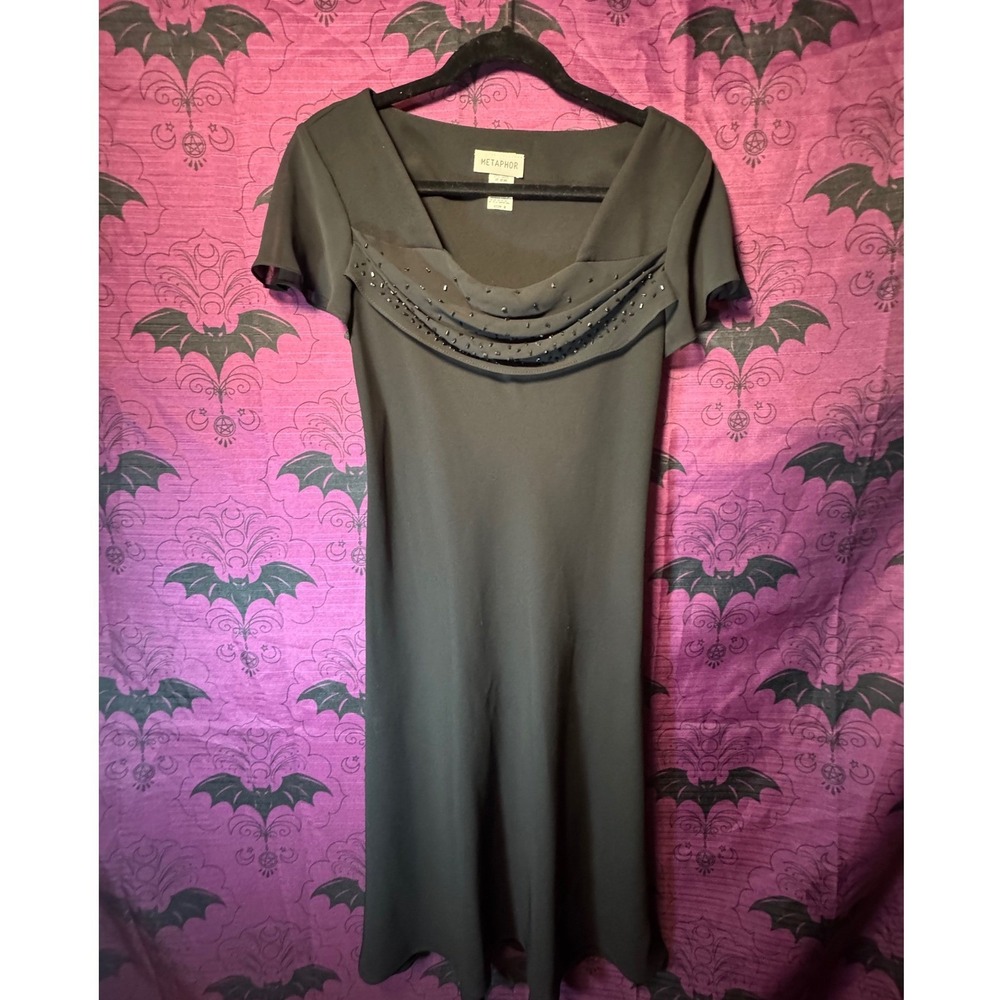 Vintage Whimsigoth Dark Romance Beaded Cowl Neck Dress Sz 8 Black Flutter Sleeve
